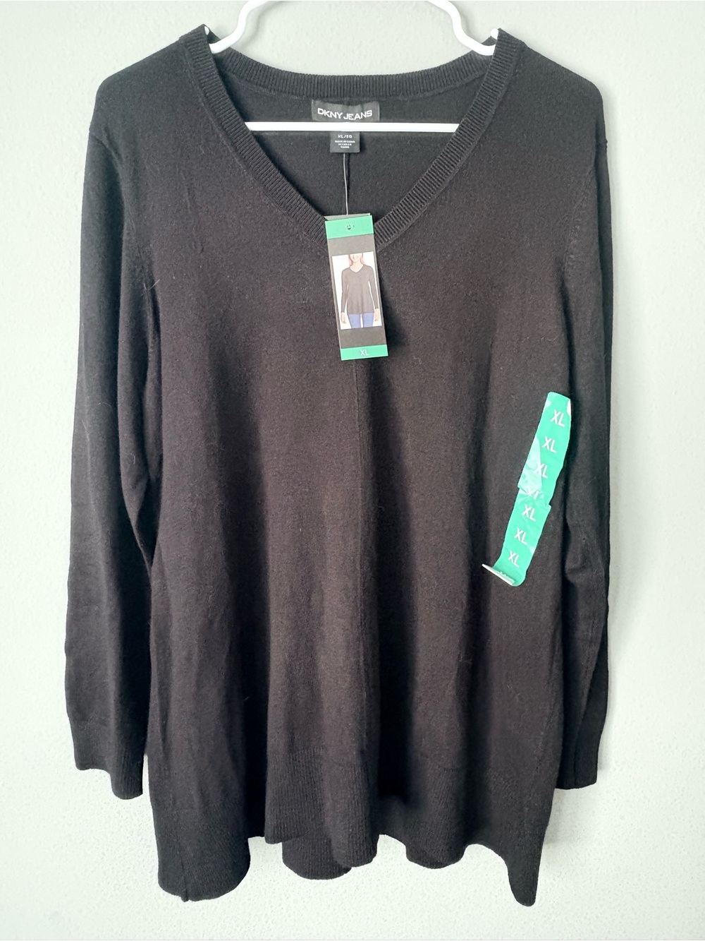 DKNY Jeans Black V-Neck Tunic Sweater Oversized Long Sleeve NWT XL